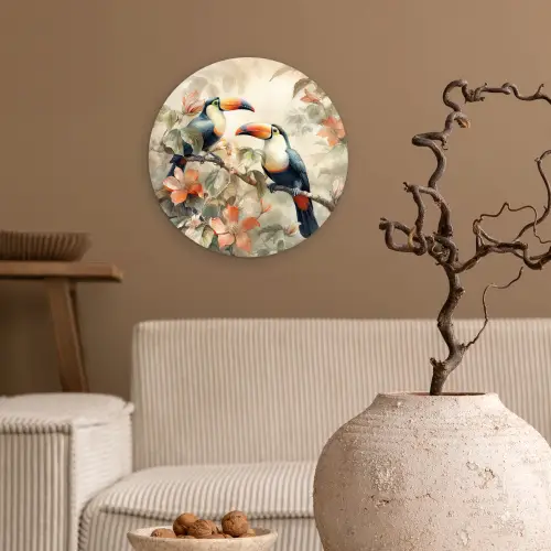 Toekan - Vogels - Bloemen - Tak Wandcirkel kunststof plaat 5mm dik klein -sfeer1