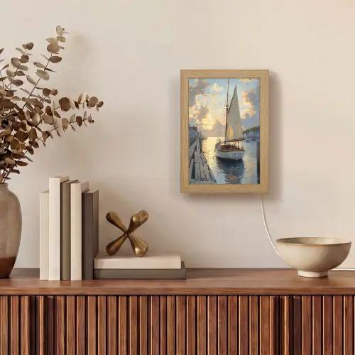 Zeilboot - Zon - Pier - Hout Light Box met kabel (Tafellamp) klein -sfeer2