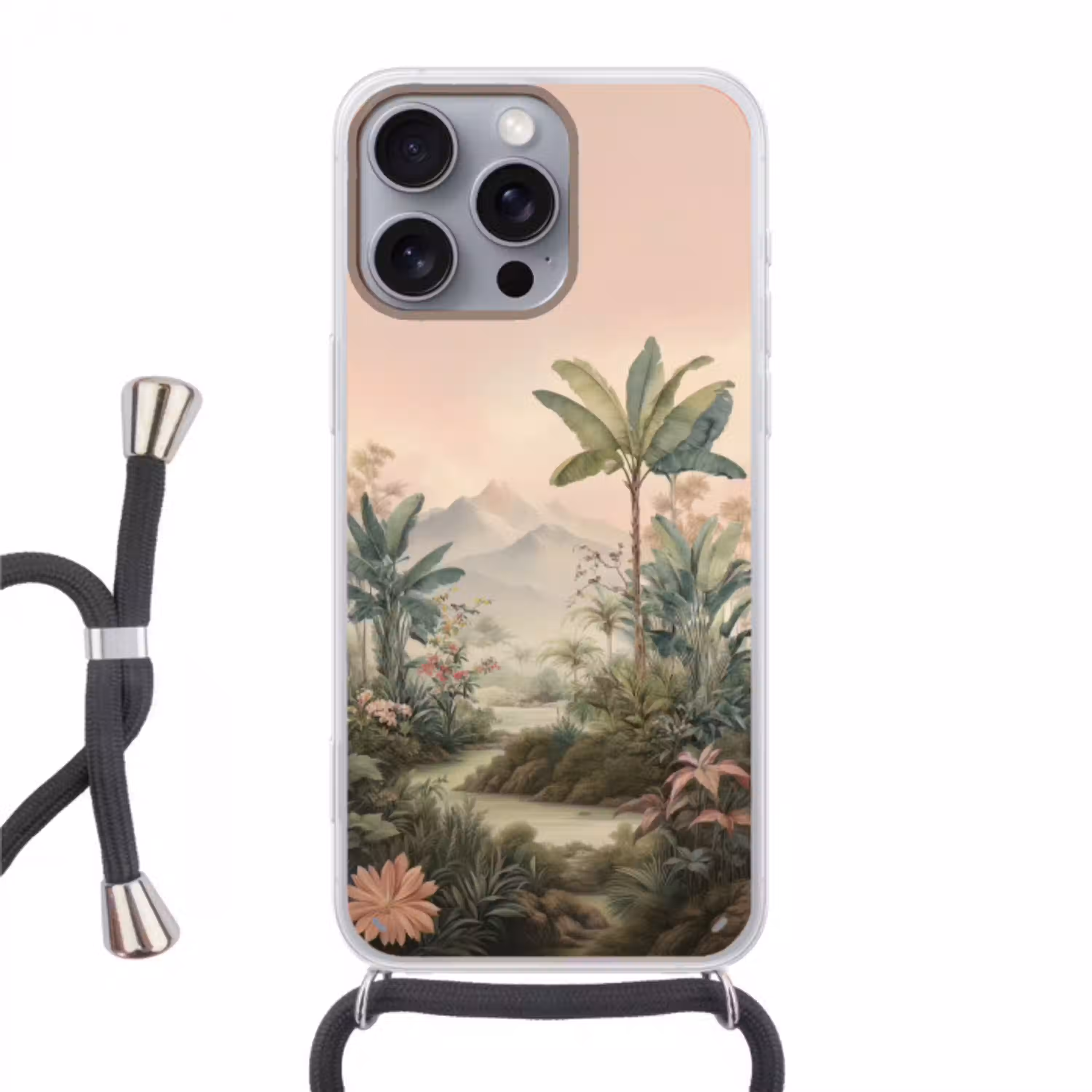 Tropisch landschap - palmbomen - Bloemen - Roze lucht Hoesje iPhone 16 Pro Max met koord klein -3d