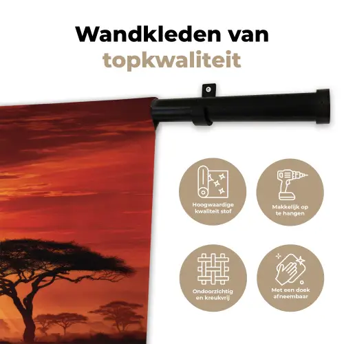 Savanne - Olifanten - Zonsondergang Wandkleed katoen klein -sfeer2