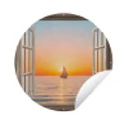 Doorkijk - Zee - Boot - Zonsondergang Wandcirkel tuinposter met ringen klein -3d