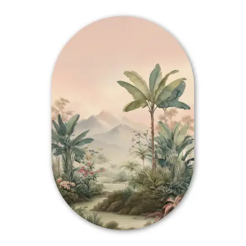 Tropisch landschap - palmbomen - Bloemen - Roze lucht Wandcirkel Ovaal Forex klein -3d