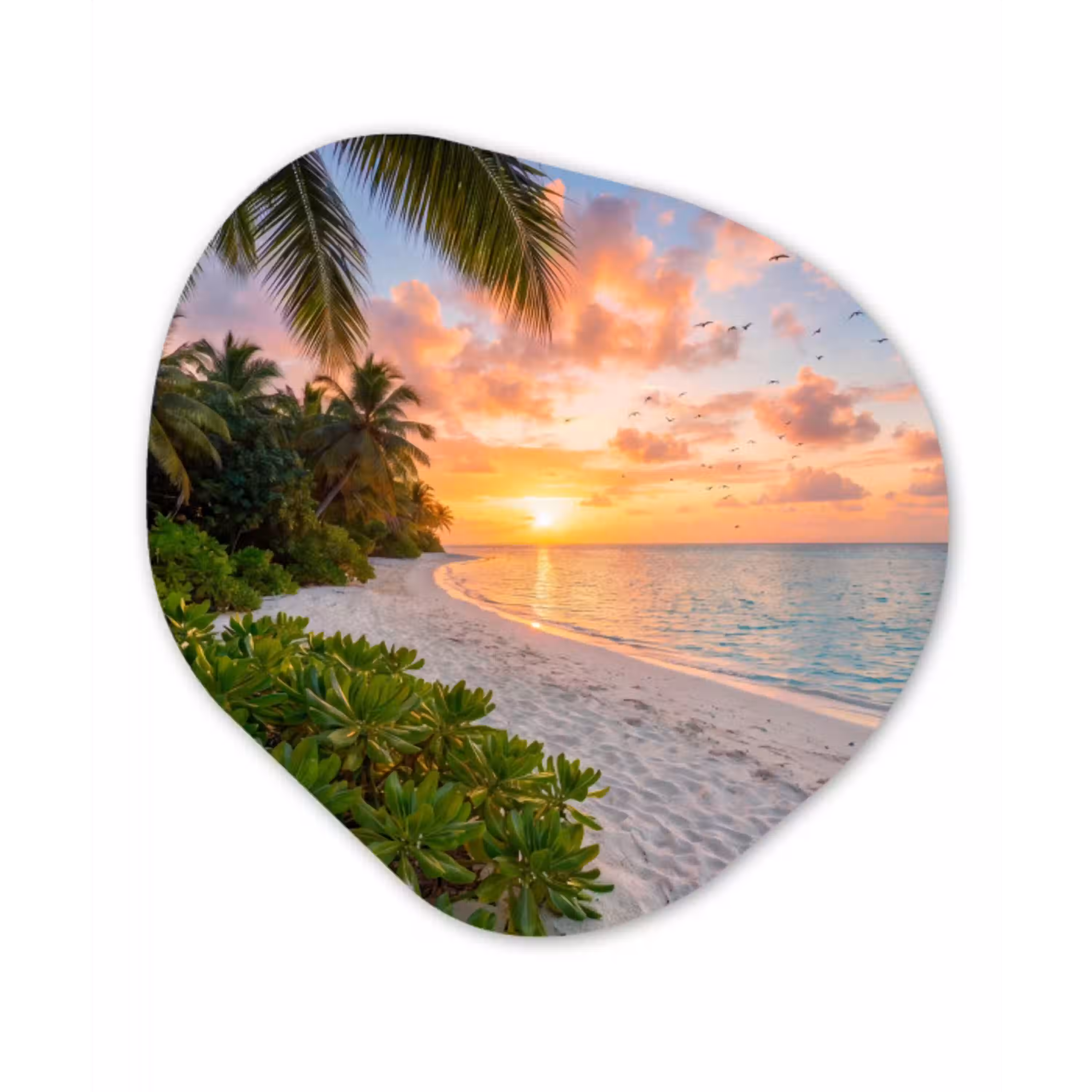 Strand - Zonsondergang - Palmbomen - Tropisch - Natuur Wandcirkel Organisch Aluminium middel -3d