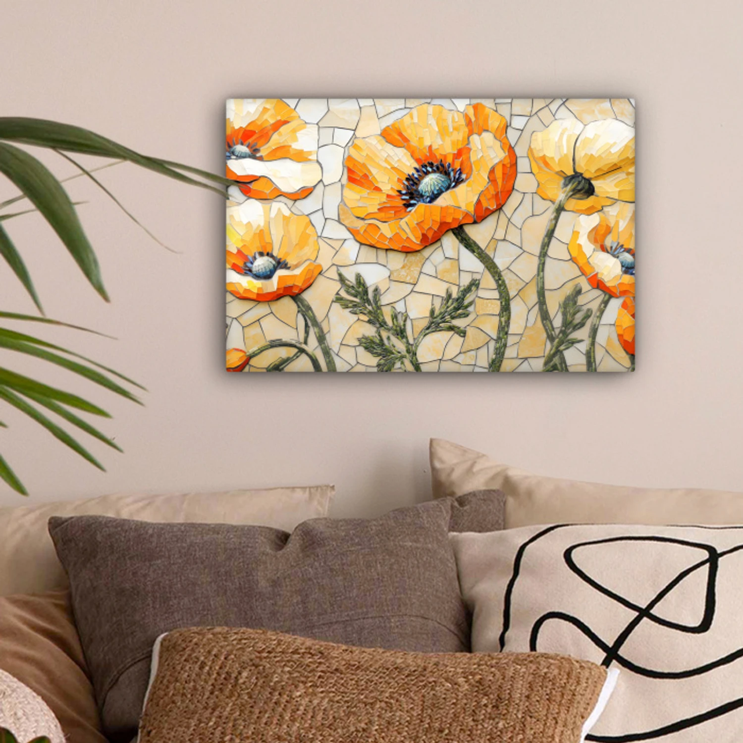 Klaprozen - Oranje - Mozaïek - Bladeren canvas 2cm klein -sfeer1