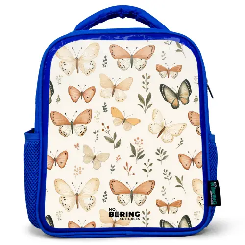 Vlinders in beige en oranjetinten tussen groene blaadjes Kinderrugzak - Blauw middel -3d