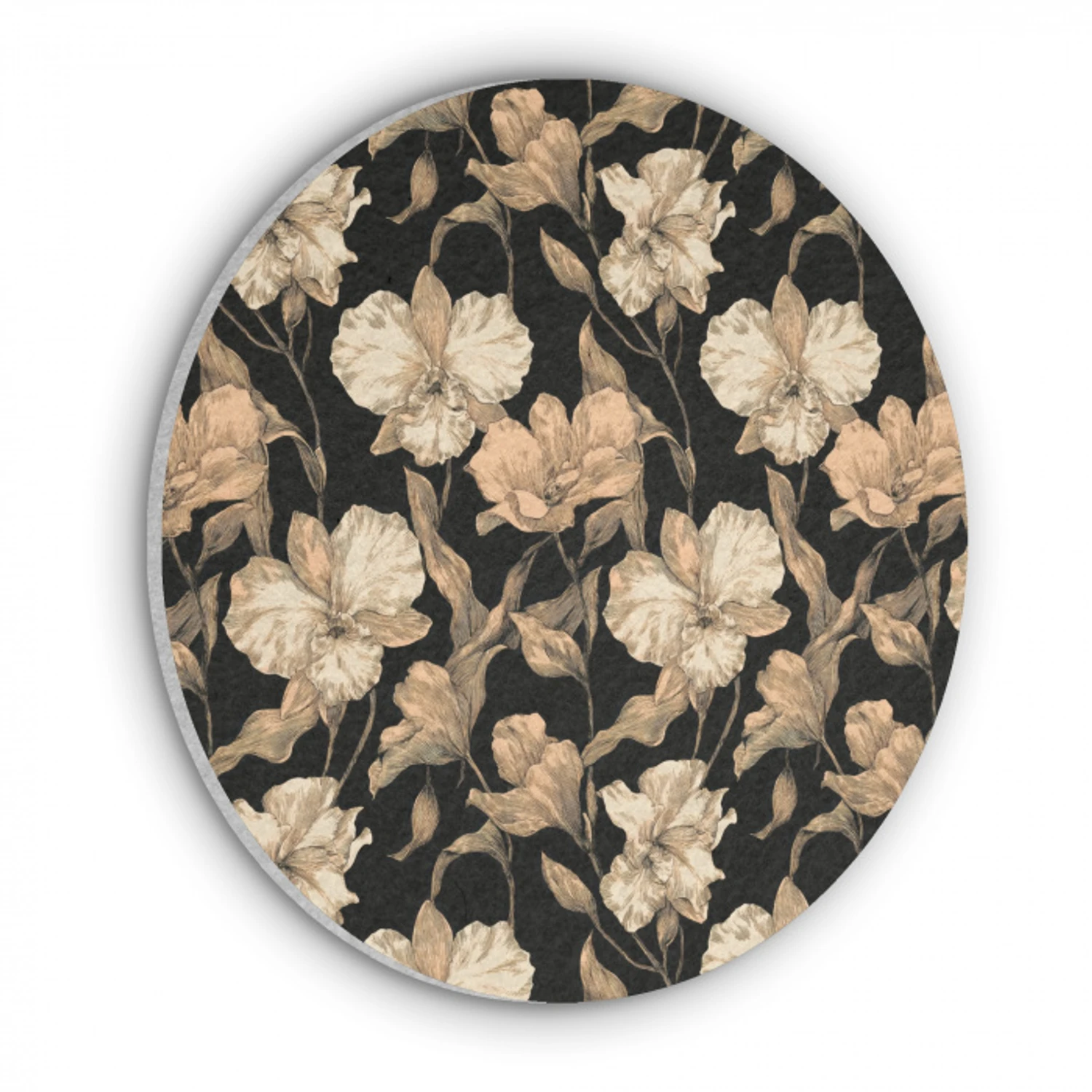 Orchideeën - Lijntekening - Patroon - Beige - Zwart Akoestische PET Vilt - Rond klein 838 -3d