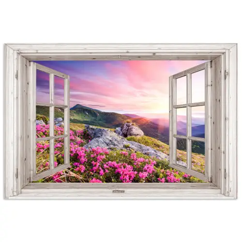 Bergen - Landschap - Doorkijk - Bloemen - Avond - Roze poster papier klein -3d