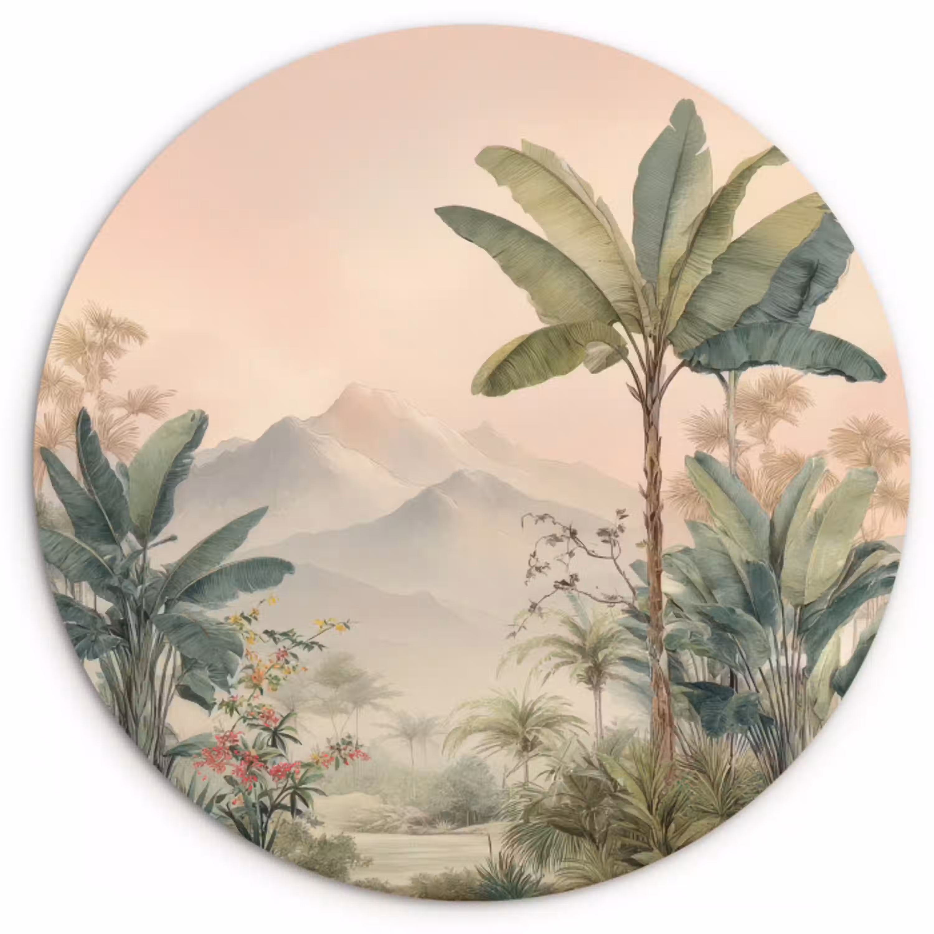 Tropisch landschap - palmbomen - Bloemen - Roze lucht Wandcirkel kunststof plaat 5mm dik klein -3d