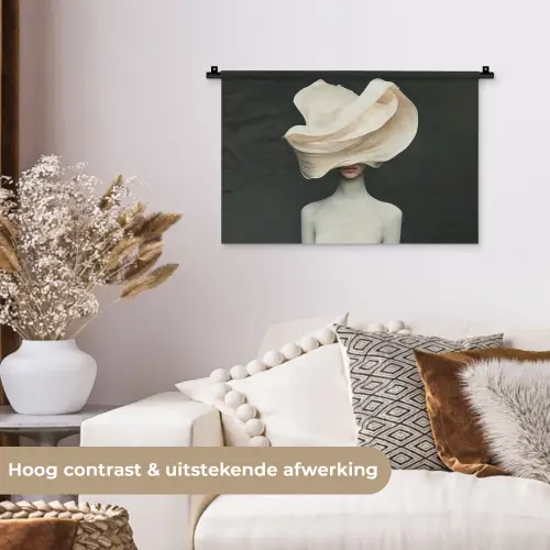 Vrouw - Beige - hoed Wandkleed katoen klein -sfeer1