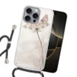 Vlinder - Bloem -Natuur - Beige Hoesje iPhone 16 Pro Max met koord klein -sfeer1