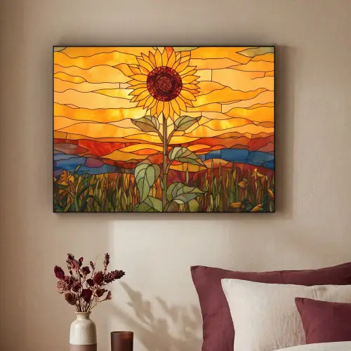 Zonnebloem - Mozaïek - Zonsondergang - Geel Textielframe zwart klein -sfeer1