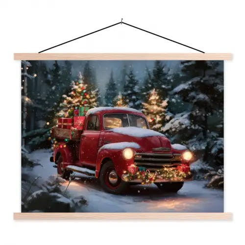 Kersttruck - Sneeuwbos - Rood textielposter latten blank klein -3d