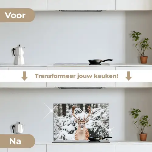 Hert - Sneeuw - Winter - Bos - Dieren keuken achterwand spatscherm klein -voor_na_NL