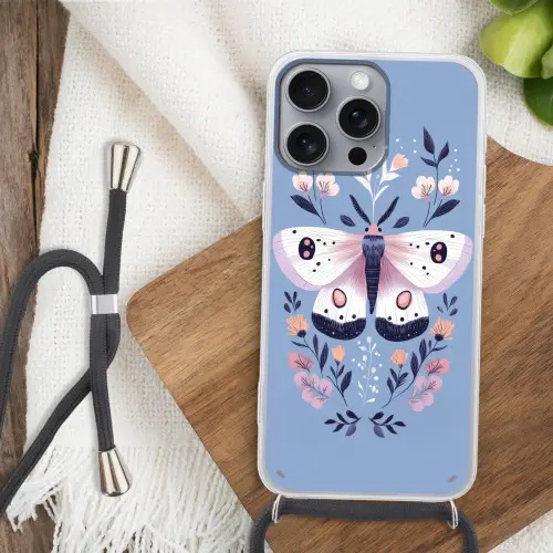 Vlinder - Vleugels - Stippen - Bloemen Hoesje iPhone 16 Pro Max met koord klein -sfeer4