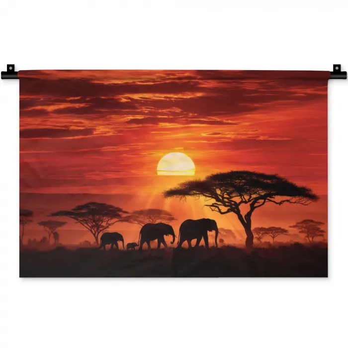 Savanne - Olifanten - Zonsondergang Wandkleed katoen klein -zz3d