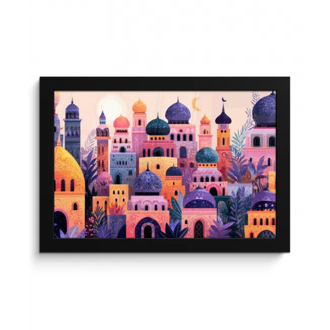 Fantasierijke stad - kleurrijk - Zon fotolijst zwart zonder passe partout klein -3d