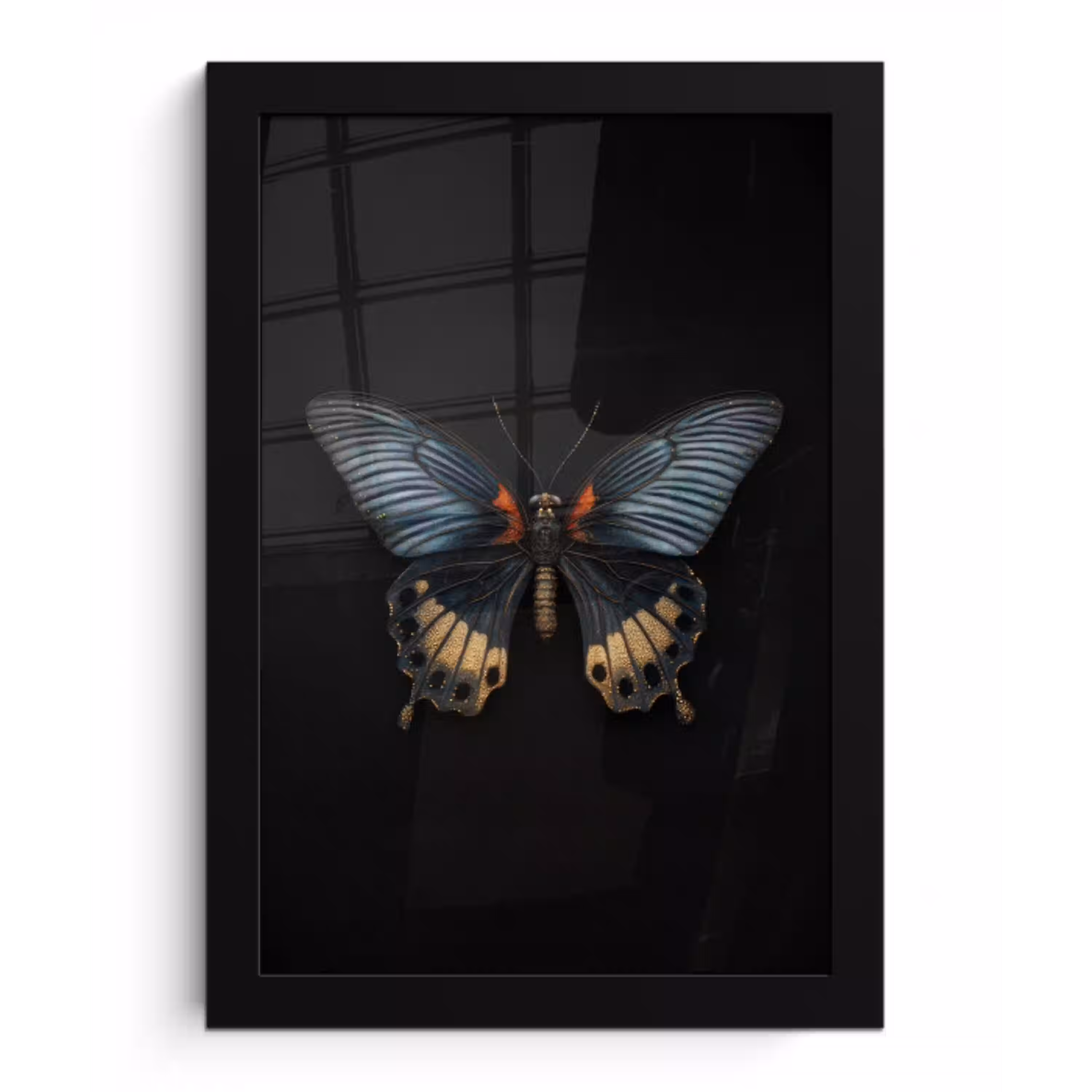 Vlinder - Metaalachtig - Geometrisch patroon fotolijst zwart zonder passe partout klein -3d