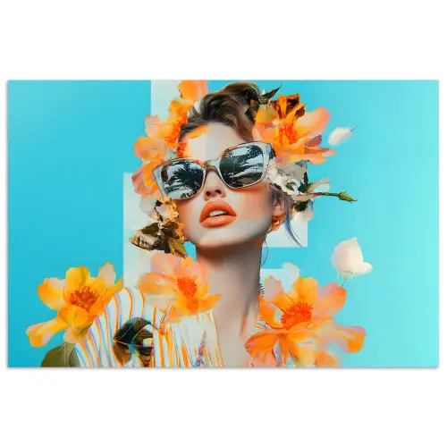 Bloemen - Vrouw - Zonnebril - Blauw poster papier klein -3d