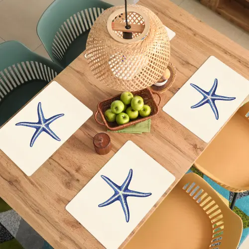 Blauwe zeester - Minimalistisch - Beige Placemat vinyl groot -zzsfeer5_Kitchenyeah-website