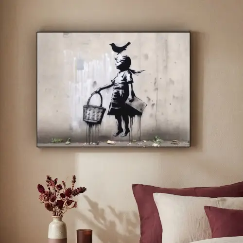Graffiti - Meisje - Vogel - Street Art - Banksy Style Textielframe - compleet frame klein -sfeer1