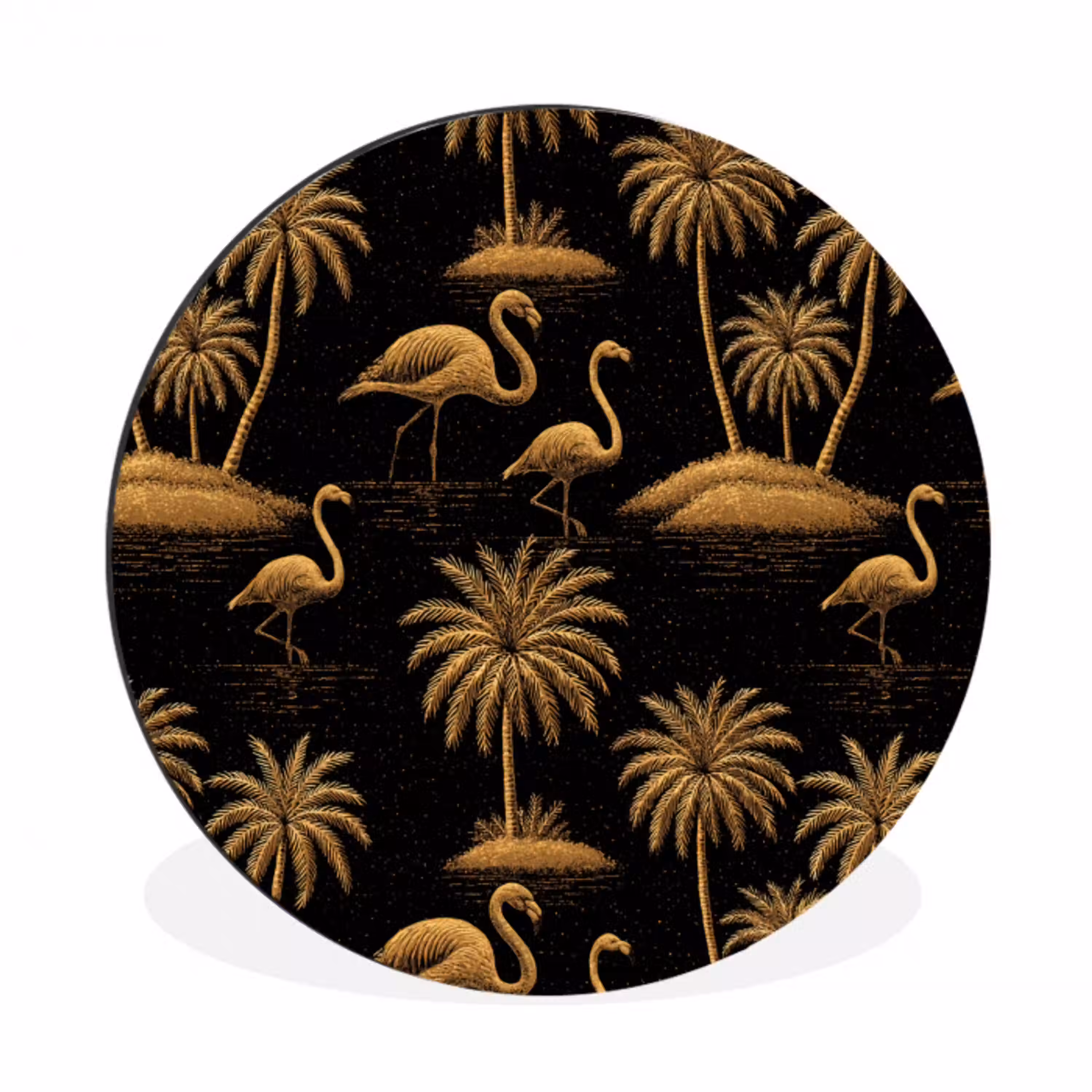 Flamingo - Palmbomen - Tropisch - Goud - Zwart Wandcirkel aluminium klein 190 -3d