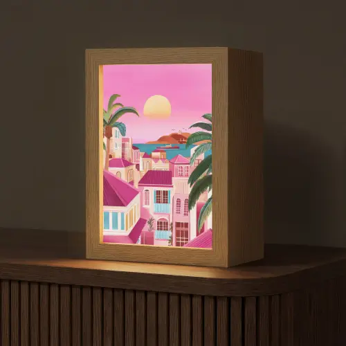 Stad - Roze - Palmbomen Light Box met kabel (Tafellamp) klein -z3d_website