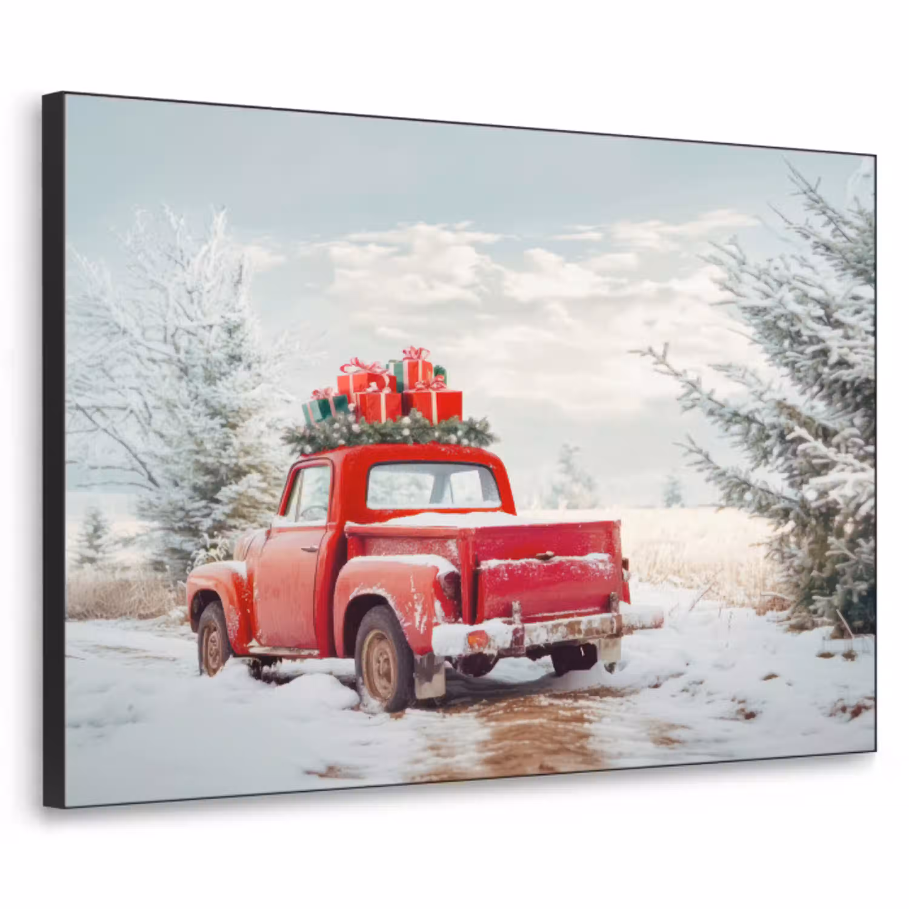 Auto - Rood - Cadeaus - Winter - Sneeuw - Kerst Textielframe zwart klein -3d