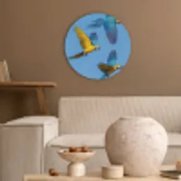 Papagaai - Vliegen - Blauw - Geel Akoestische PET Vilt - Rond klein -sfeer1