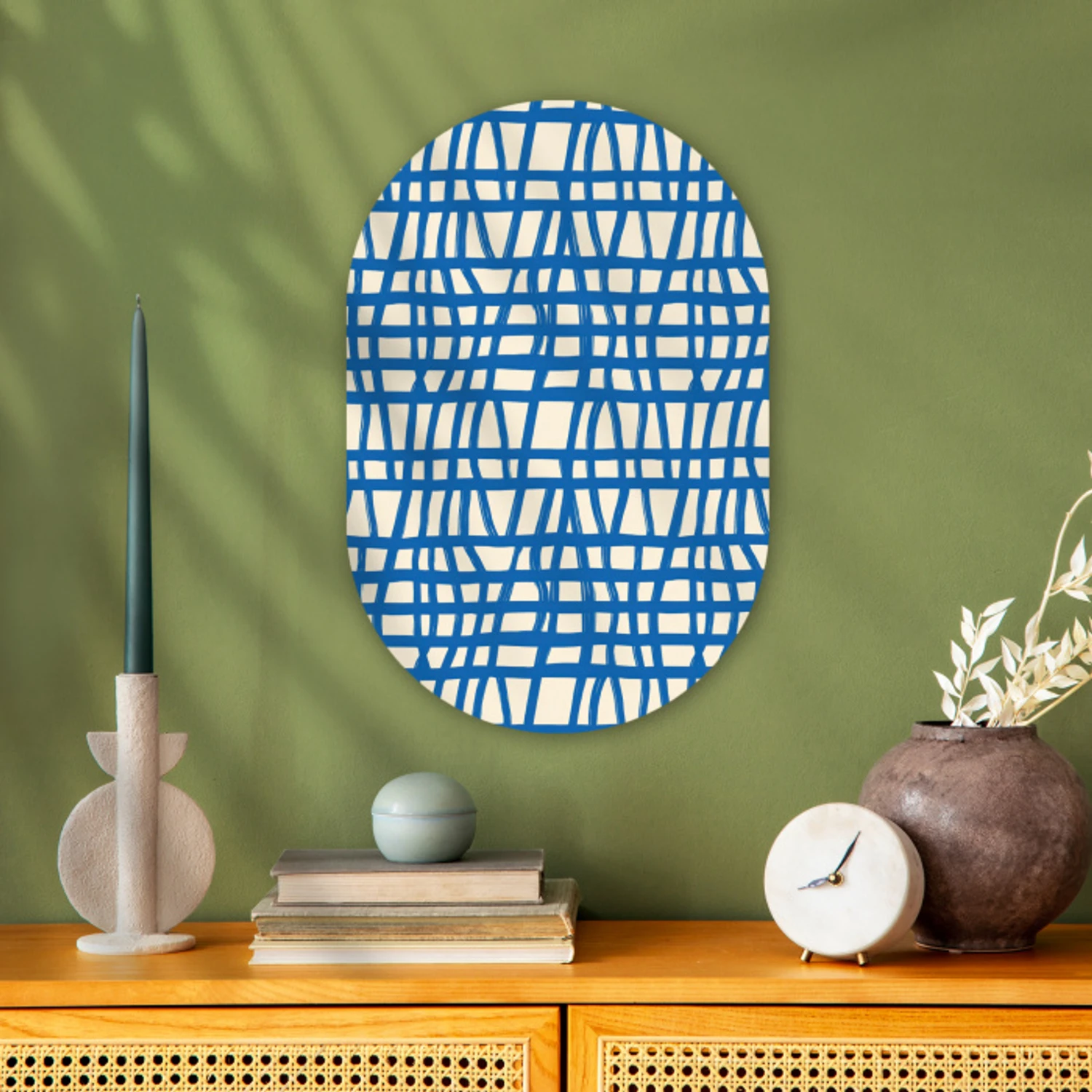 Ruitpatroon - Blauw - Crème Wandcirkel Ovaal Forex klein 630 -sfeer2