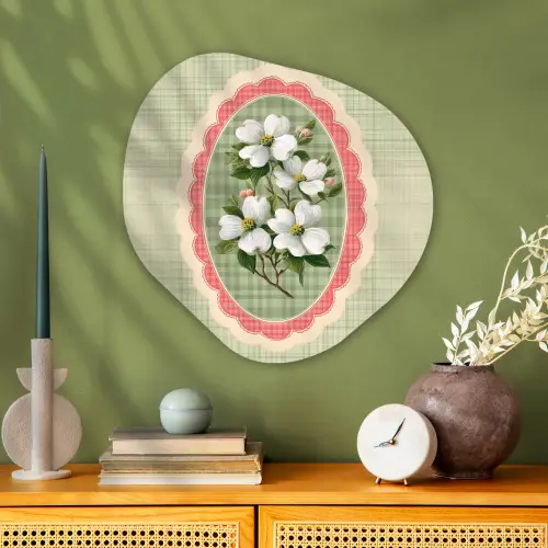 Bloemen - Illustratie - Geruit - Groen Wandcirkel Organisch Plexiglas middel -sfeer2