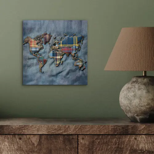 Wereldkaart - Denim - Textiel aluminium wit klein -sfeer2