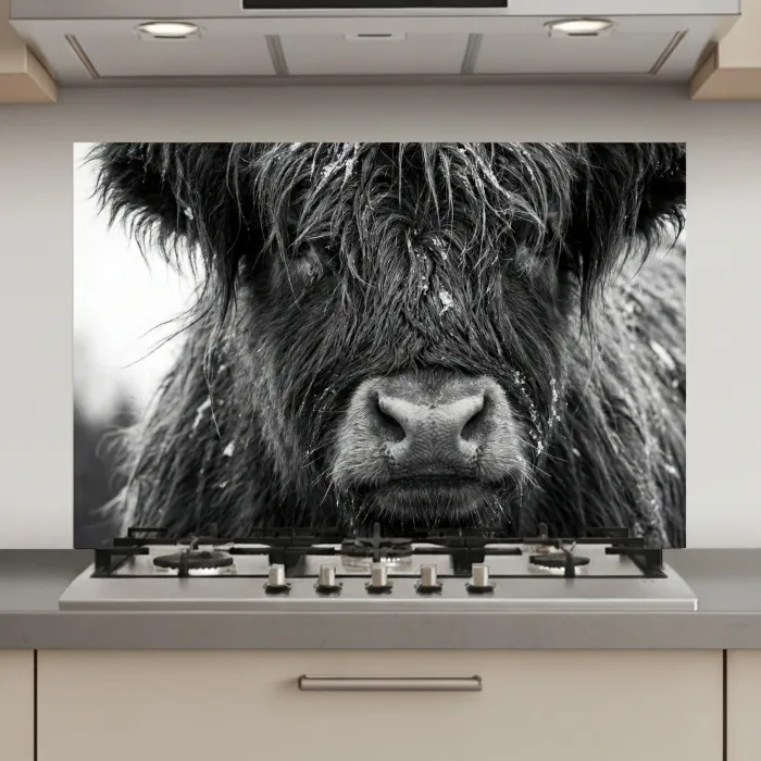 Schotse hooglander - Zwart - Wit - Sneeuwvlokken keuken achterwand spatscherm klein -3d_website