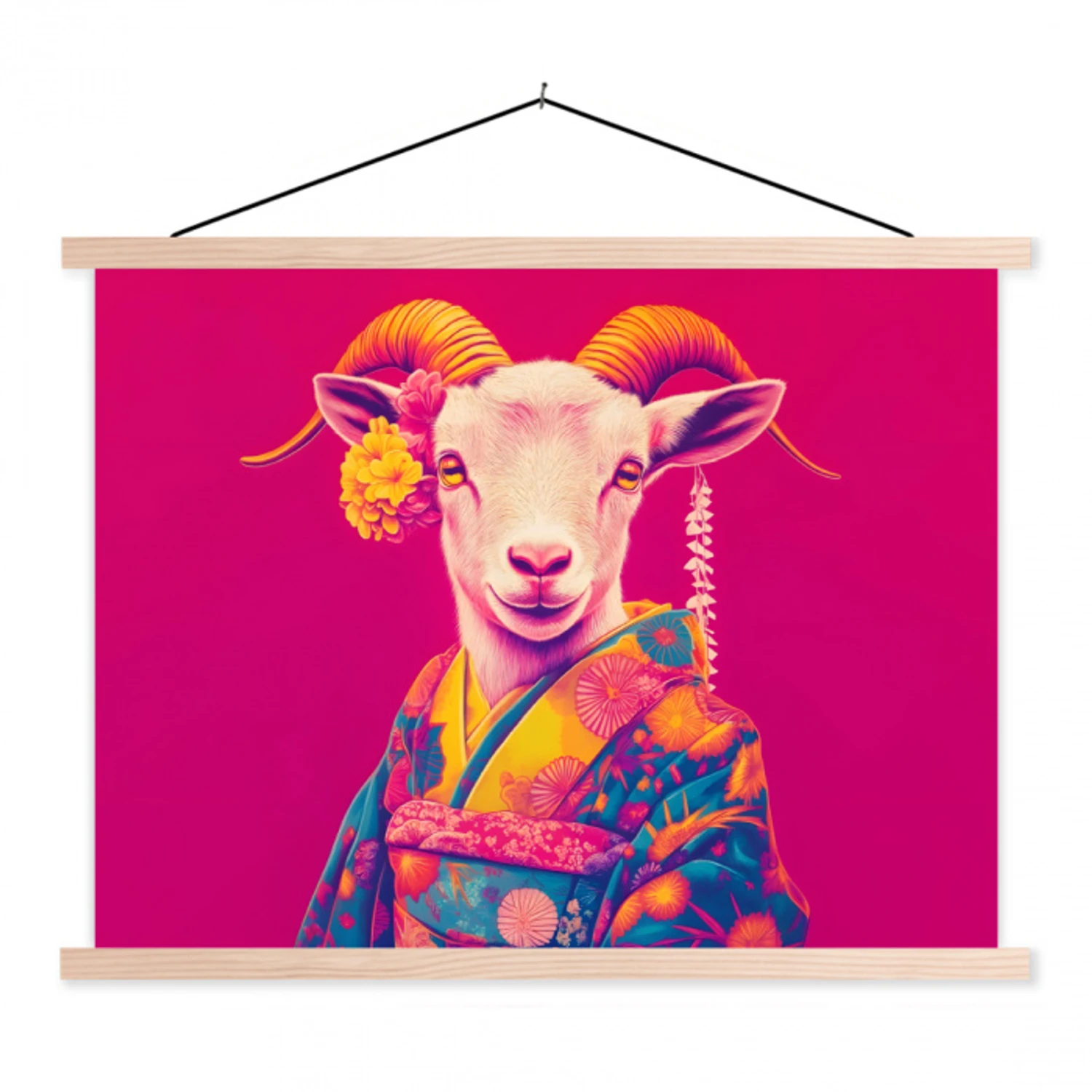 Geit - Hoorns - Kimono - Kleurrijk textielposter latten blank klein -3d