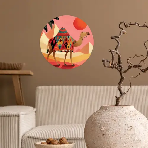 Kameel - Pyramides - Rode zon Wandcirkel behangsticker klein -sfeer1