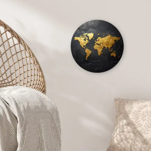 Wereldkaart - Goud - Steen Wandcirkel plexiglas klein -sfeer5