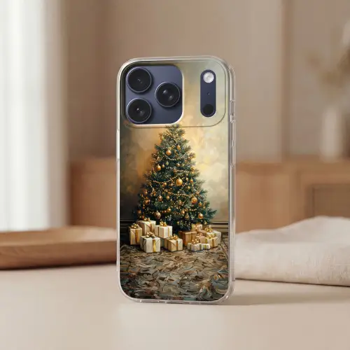 Kerstboom - Cadeaus - Goud Telefoonhoesje iPhone 17 Pro klein -sfeer2