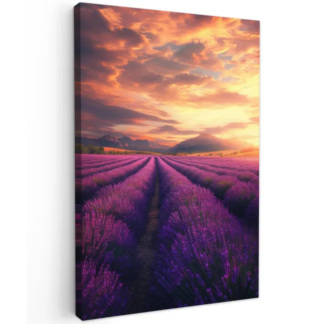 Lavendelveld - Zonsondergang - Paars Tuinposter op houten frame 2 cm dik klein -3d