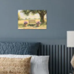 Houten bankje - Bloempotten - Landschap poster papier klein -sfeer2