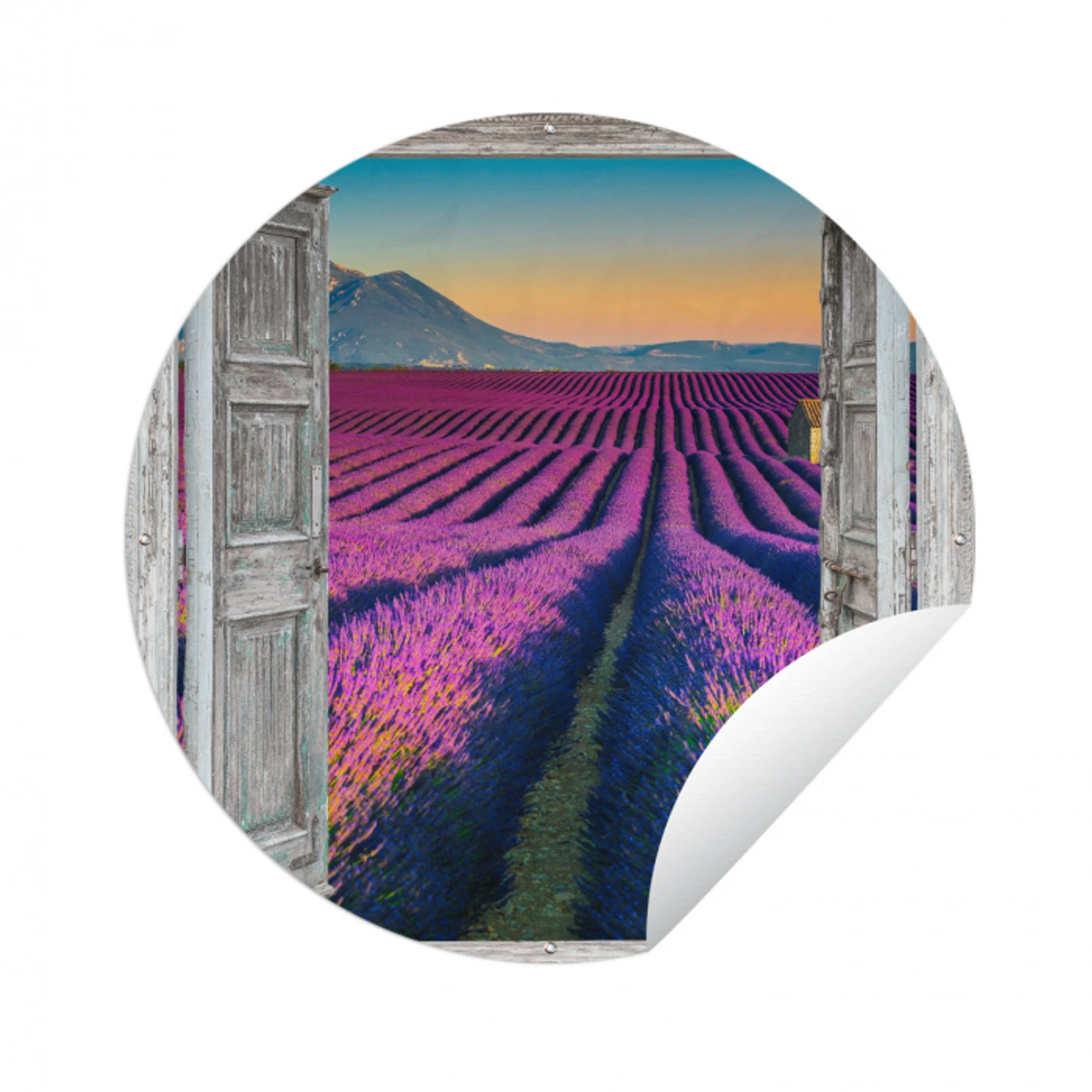 Lavendel - Zomer - Doorkijk - Bloemen Wandcirkel tuinposter met ringen klein -3d