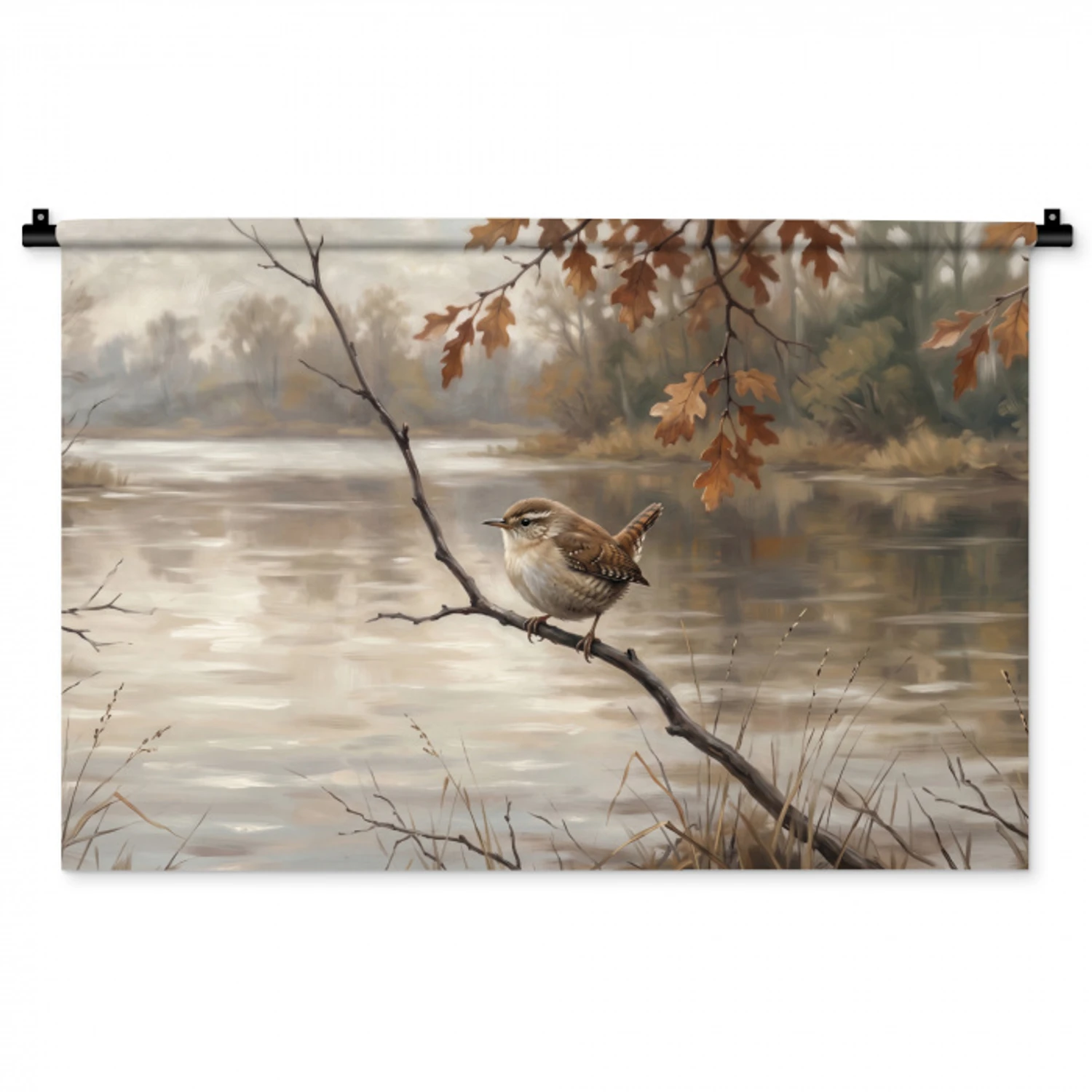 Winterkoninkje - Tak - Rivier - Natuur - Sfeervol Wandkleed katoen middel -zz3d