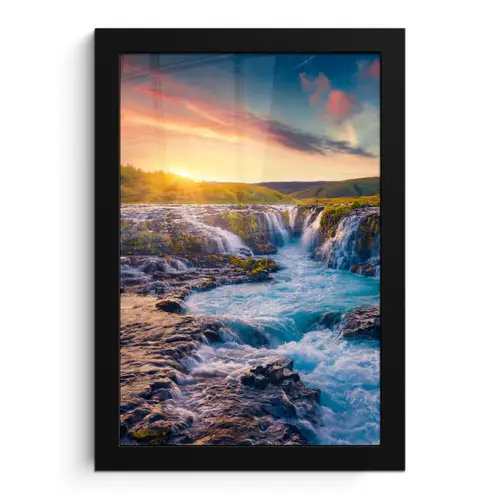 Waterval - Planten - Mos - Landschap - Zonsondergang - Rots fotolijst zwart zonder passe partout klein -3d