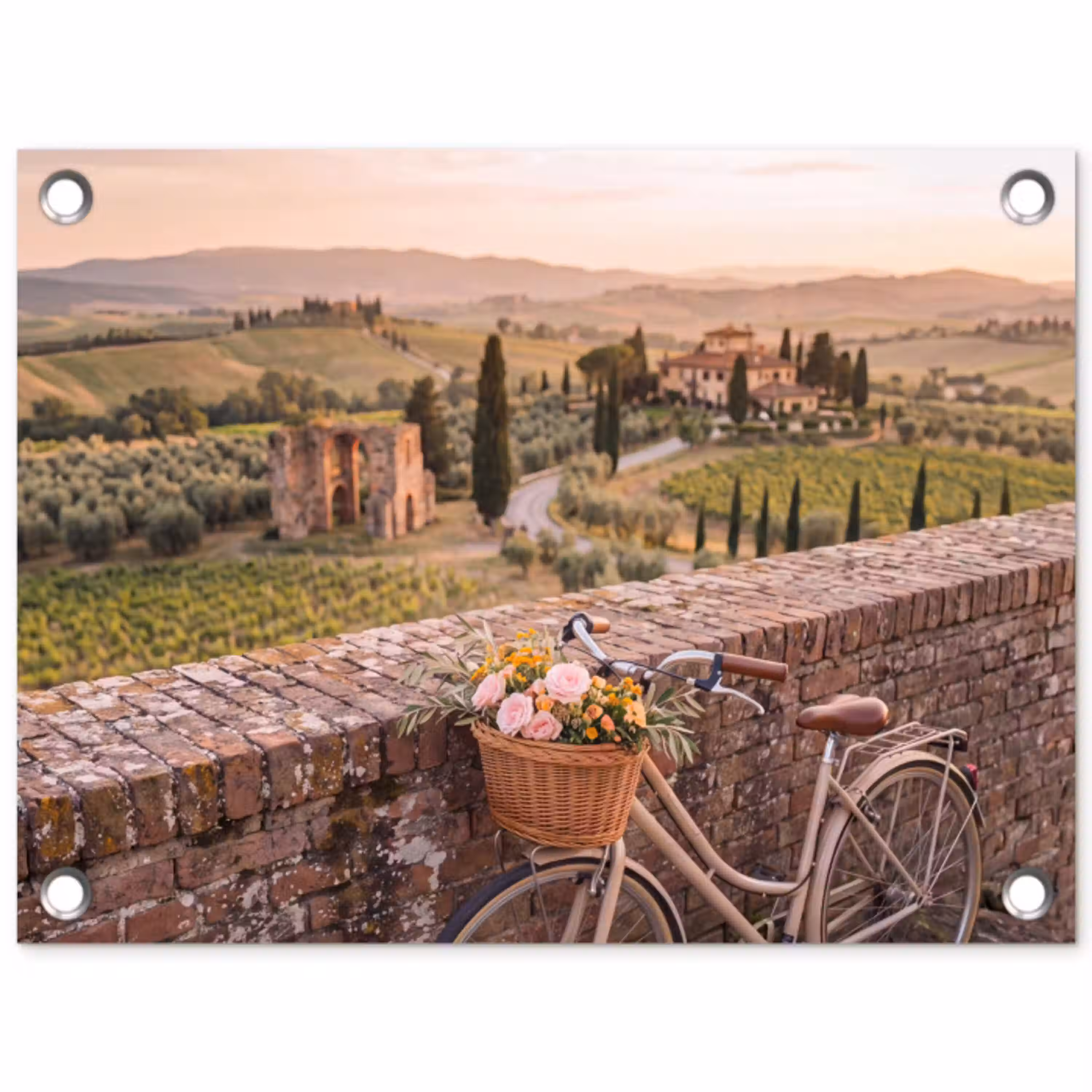 Fiets - Bloemen - Toscane - Landschap - Roze tuinposter los doek klein -3d