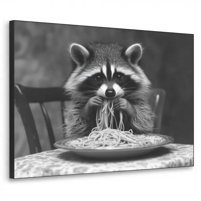 Wasbeer - Cute - Pasta - Tafelkleed - Zwart - Wit Textielframe zwart klein -3d