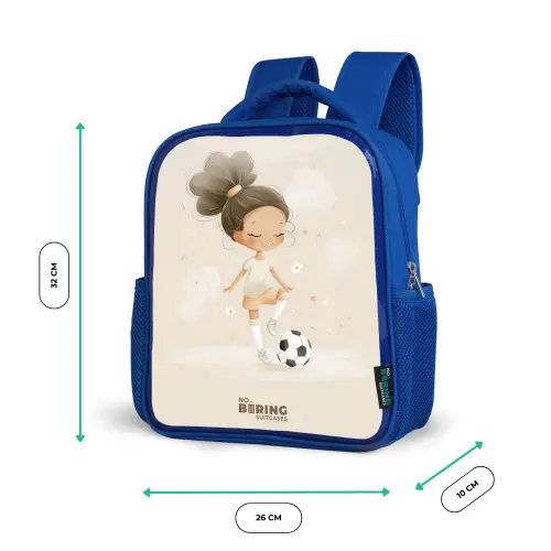 Meisje met een voetbal in beige kleuren Kinderrugzak - Blauw middel -productfoto_formaten