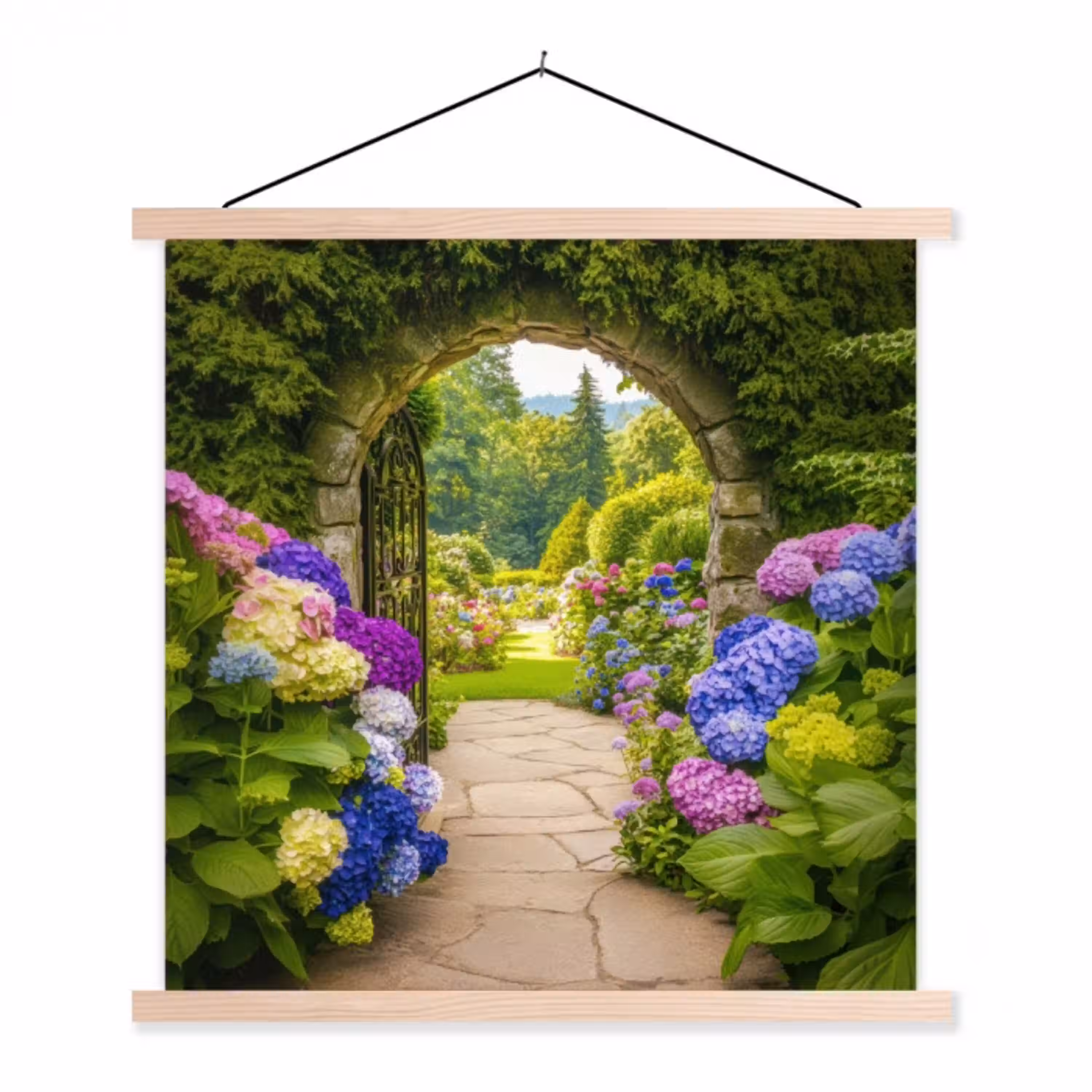 Doorkijk - Poort - Hortensia - Bloementuin textielposter latten blank klein -3d
