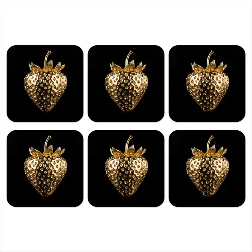 Aardbei - Goud - Zwart - Chrome onderzetter kurk middel -3d