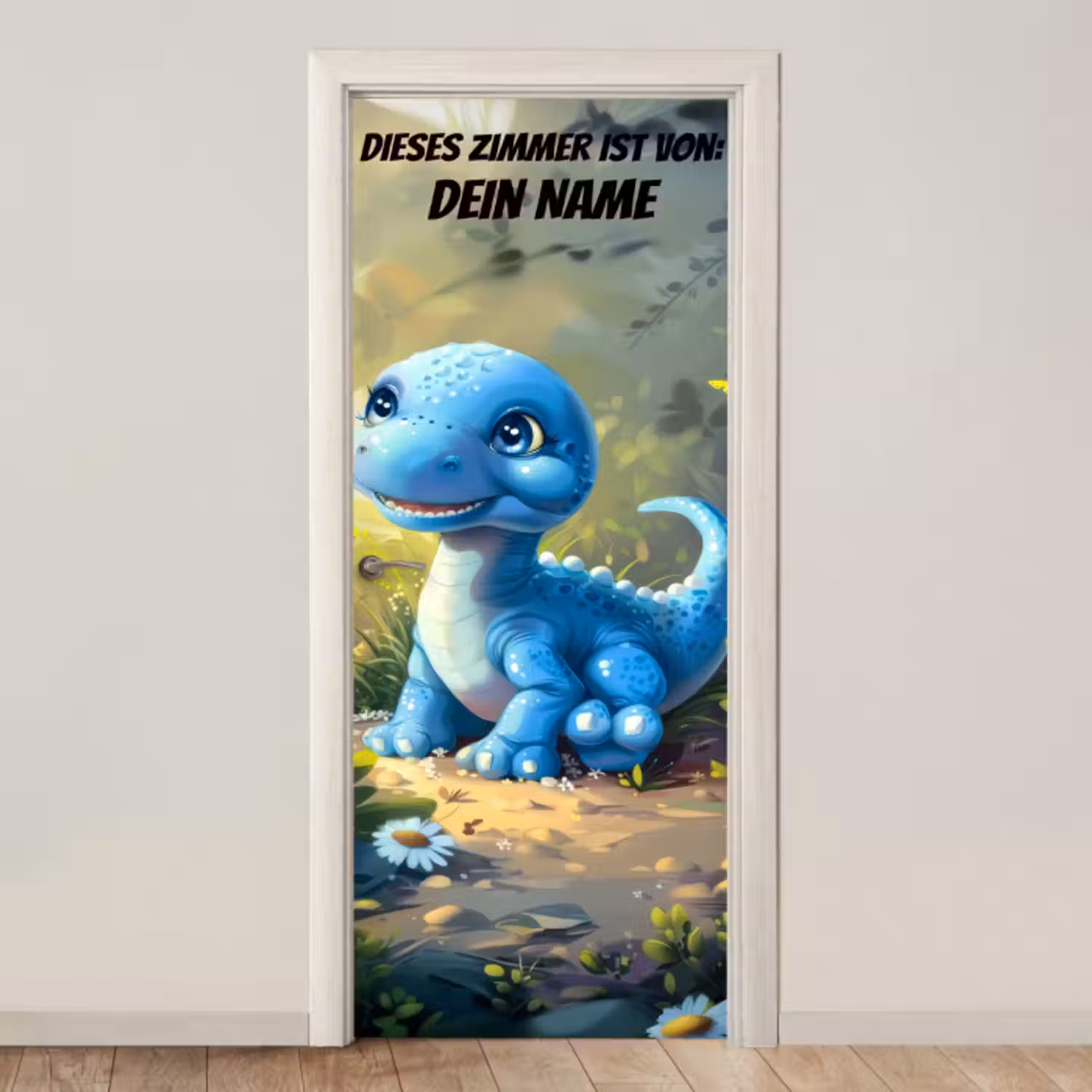 Türtapete mit Name - Süßer blauer Dino im Wald mit Namensfeld.