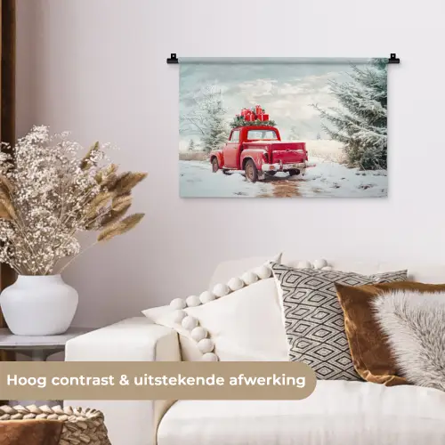 Auto - Rood - Cadeaus - Winter - Sneeuw - Kerst Wandkleed katoen klein -sfeer1