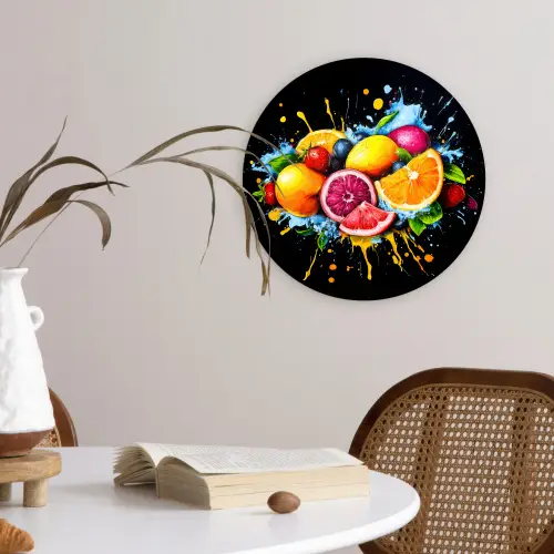 Fruit - Graffiti - Kleurrijk - Sinaasappel - Aardbei - Abstract Wandcirkel kunststof plaat 5mm dik klein -sfeer4