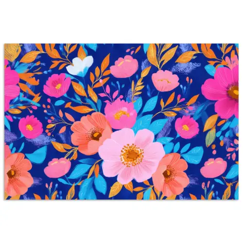 Bloemen - Blauw - Roze poster papier klein -3d